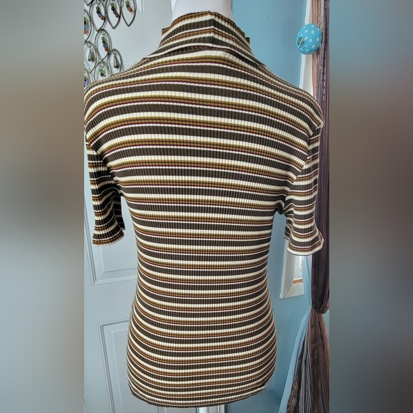 90s Striped Ruffled Moc Turtleneck Tee Womens L Brown Cream Green Ribbed Stretch - Picture 3 of 12